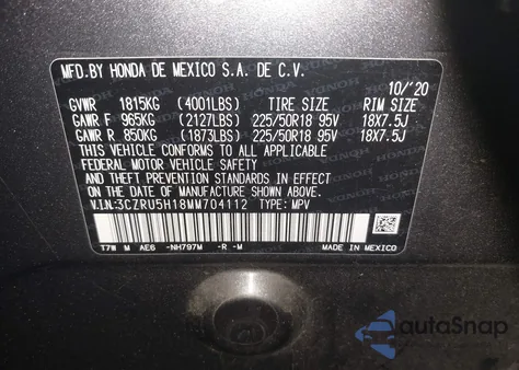 2021 Honda Hr-V 2Wd Sport из США, поврежденный, VIN 3CZRU5H18MM704112